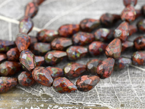 Picasso Beads - Czech Glass Beads - Teardrop Beads - Vintage Czech Glass - Travertine Beads -  10pcs - 7x9mm - (4197)