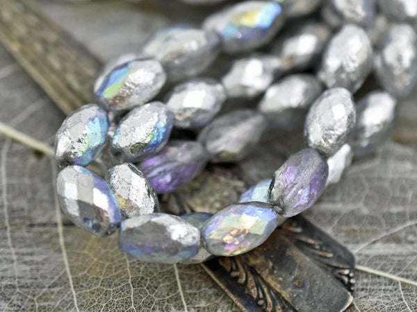 Czech Glass Beads - Etched Beads - Metallic Beads - Faceted Beads - Fire Polished Beads - Oval Beads - 12x8mm - 6pcs (5865)