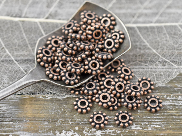 7mm Antique Copper Daisy Spacer Beads -- Choose Your Quantity