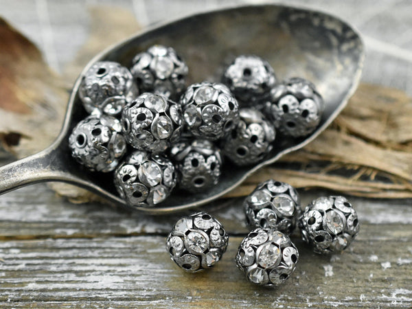 Gunmetal Rhinestone Filigree Round Beads -- Choose Your Size