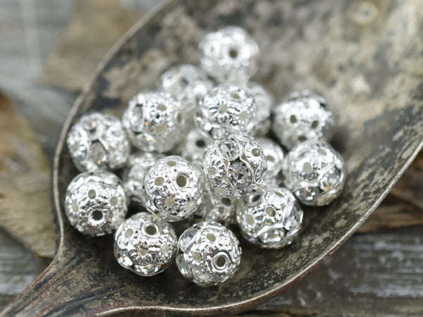 Bright Silver Rhinestone Filigree Round Beads -- Choose Your Size
