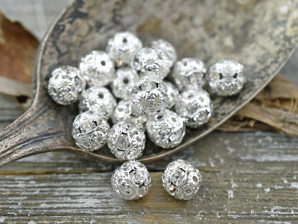 Bright Silver Rhinestone Filigree Round Beads -- Choose Your Size