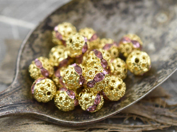 Bright Gold w/ Light Pink Rhinestone Filigree Round Beads - Choose Your Size
