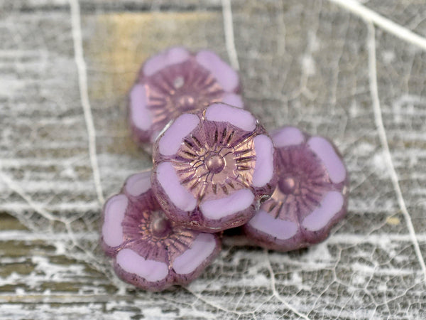 Czech Glass Beads - Hawaiian Flower Beads - Czech Glass Flowers - Pink Flower Beads - Hibiscus Flower - 12mm - 6pcs (1932)