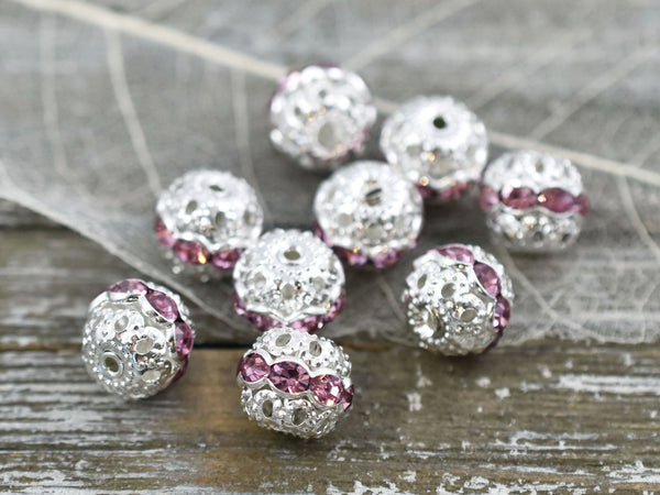 Bright Silver w/ Light Pink Rhinestone Filigree Round Beads - Choose Your Size