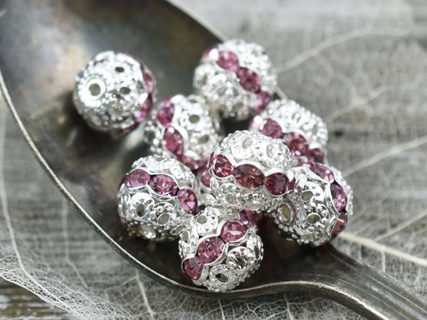 Bright Silver w/ Light Pink Rhinestone Filigree Round Beads - Choose Your Size
