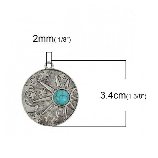 34x29mm Antique Silver w/Turquoise Sun Moon Pendants - 6pcs