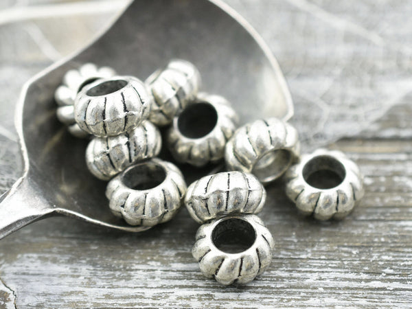 *20* 10x5mm Antique Silver Large Hole Corrugated Rondelle Beads