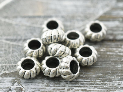 *20* 10x5mm Antique Silver Large Hole Corrugated Rondelle Beads