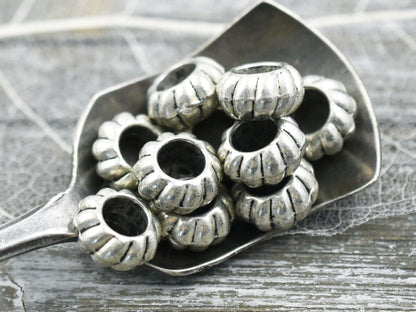 *20* 10x5mm Antique Silver Large Hole Corrugated Rondelle Beads