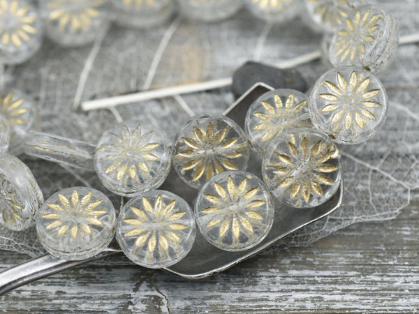 Czech Glass Beads - Aster Flower Beads - Picasso Beads - Coin Beads - Floral Beads - 12mm - 6pcs (3226)