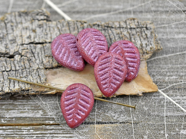 Leaf Beads - Czech Glass Beads - Picasso Beads - Top Drilled Leaf - Top Drilled Leaves - Top Hole -  16x12mm - 6pcs - (B609)