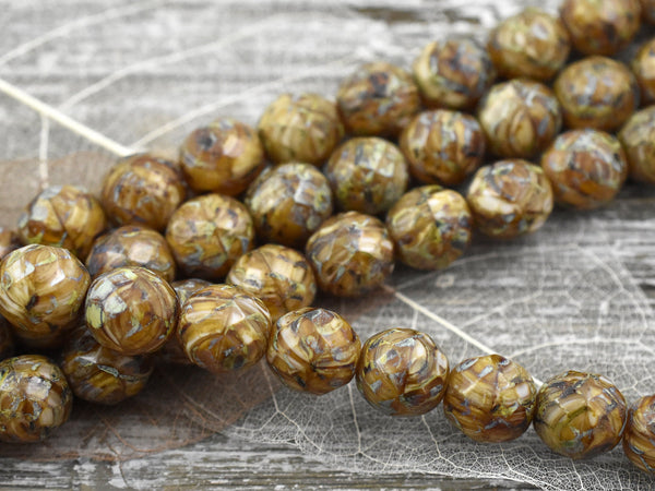 Vintage Beads - Picasso Beads - Czech Glass Beads - Travertine Beads - Fire Polished Beads - Round Beads - 6pcs - 12mm - (2731)