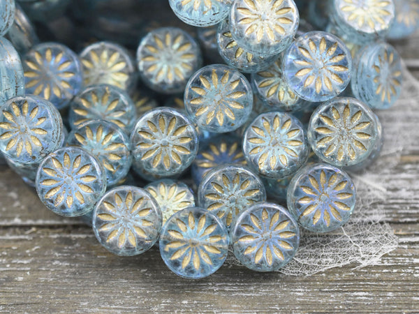 Czech Glass Beads - Aster Flower Beads - Picasso Beads - Coin Beads - Floral Beads - 12mm - 6pcs (3925)