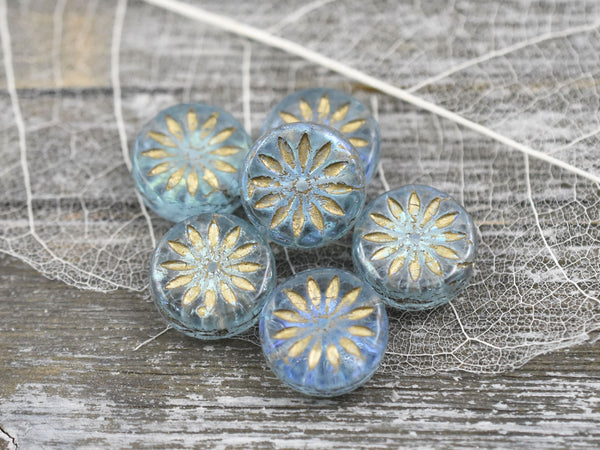Czech Glass Beads - Aster Flower Beads - Picasso Beads - Coin Beads - Floral Beads - 12mm - 6pcs (3925)