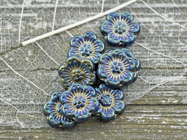 Flower Beads - Czech Glass Beads - Wild Rose Beads - Picasso Beads - Floral Beads - 14mm - 6pcs - (B183)