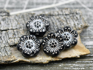 Flower Beads - Czech Glass Beads - Picasso Beads - Wild Flower Beads - Black Flower - 14mm - 6pcs - (B286)