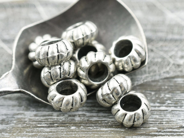 *20* 10x5mm Antique Silver Large Hole Corrugated Rondelle Beads