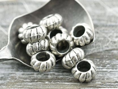 *20* 10x5mm Antique Silver Large Hole Corrugated Rondelle Beads