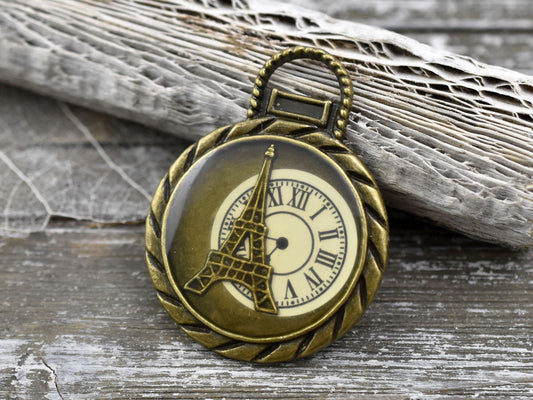 Antique Bronze Eiffel Tower Clock Pendant 35x45mm
