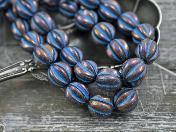 Czech Glass Beads - Melon Beads - 10mm Beads - Large Glass Beads - Round Beads - Chunky Beads - 10pcs - (A99)