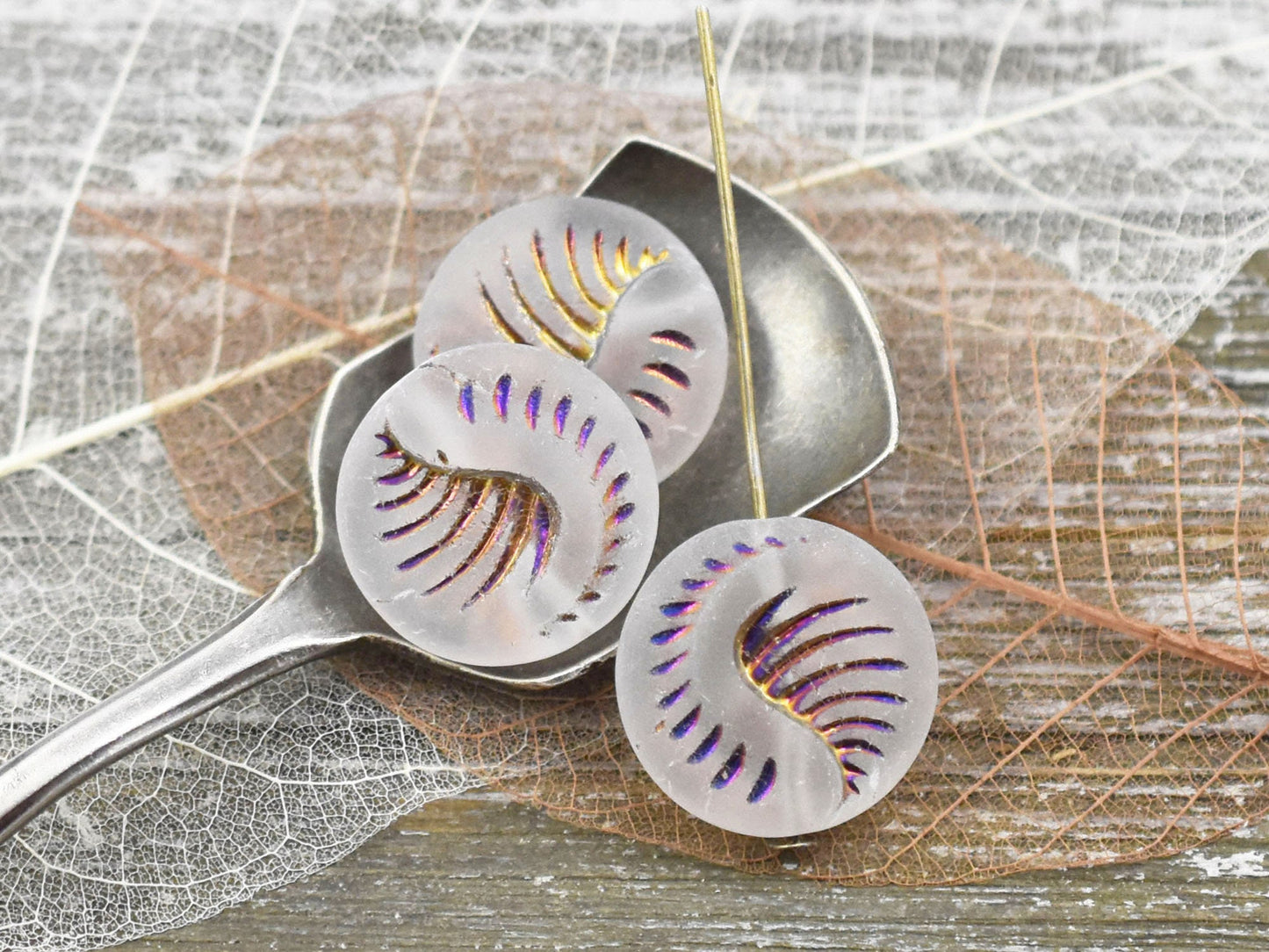 Czech Glass Beads -  Fossil Beads - Focal Beads - Large Coin Beads - Matte Beads - 19mm - 2pcs (1354)