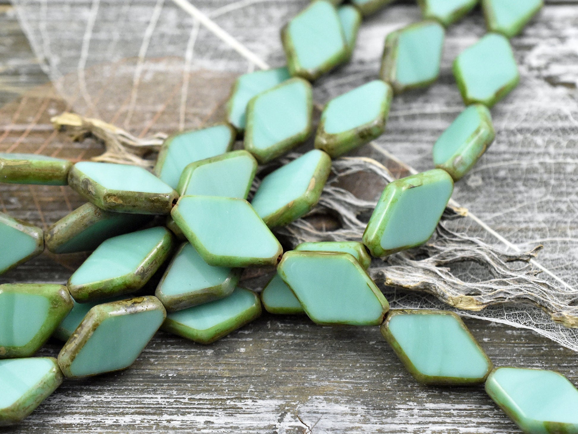 Vintage Czech Beads - Picasso Beads - Czech Glass Beads - Table Cut Beads - Diamond Beads - Turquoise Picasso - 19x13mm - 6pcs - (B299)