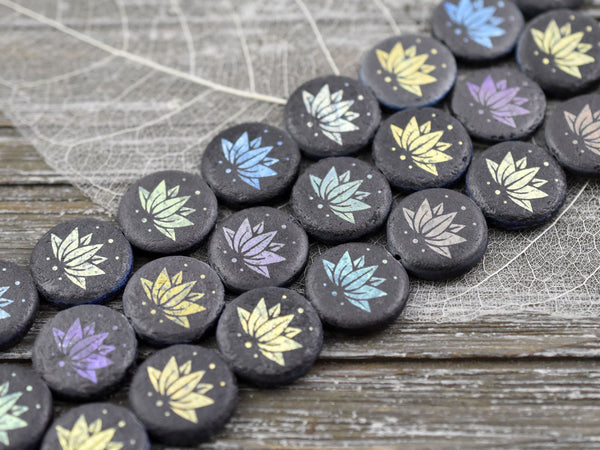 Czech Glass Beads - Laser Etched Beads - Lotus Flower Beads - Tattoo Beads - 17mm - 4pcs - (6084)