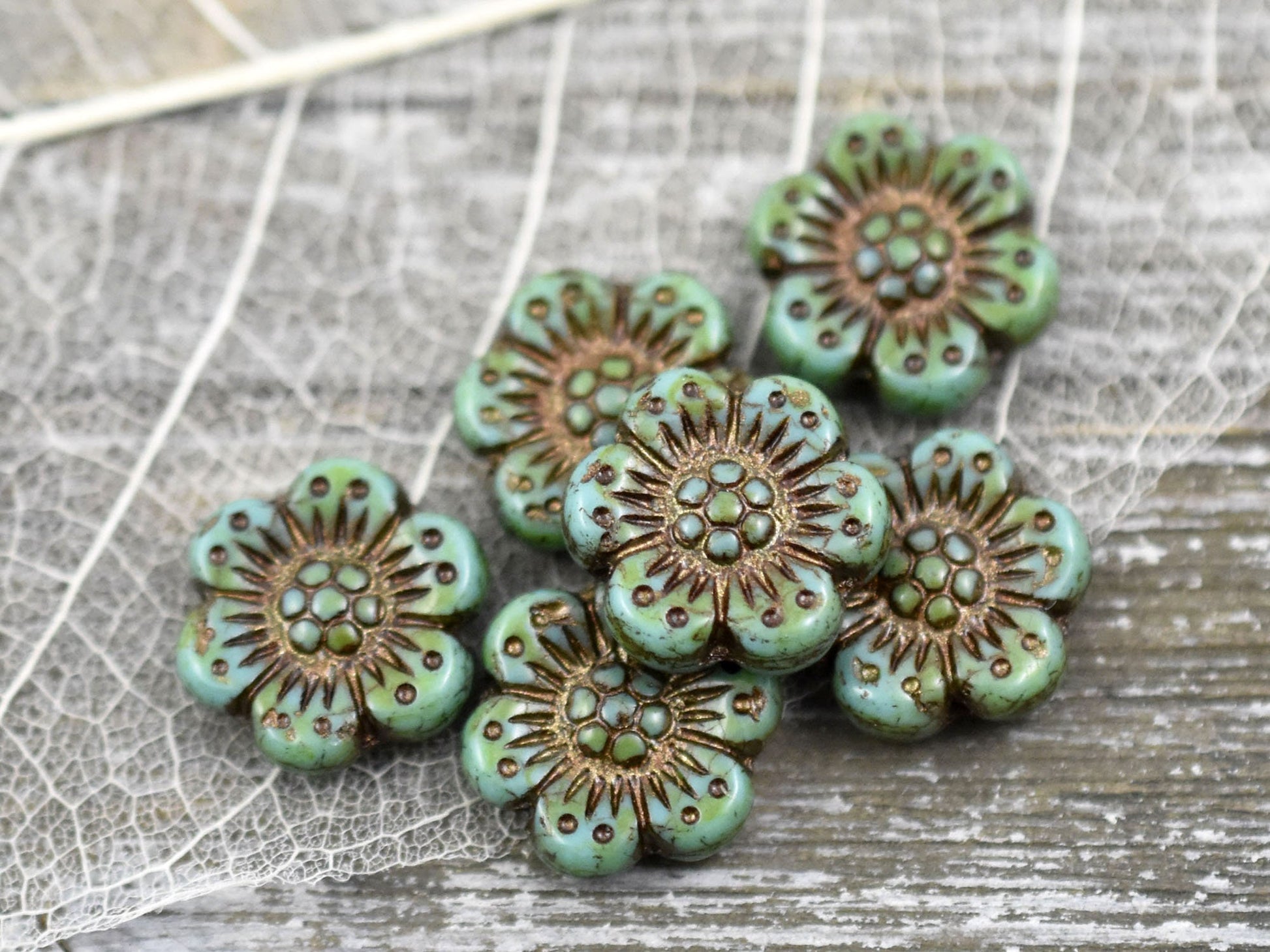 Picasso Beads - Czech Glass Beads - Flower Beads - Floral Beads - Wildflower Beads - Czech Glass Flowers - 14mm - 6pcs - (4585)