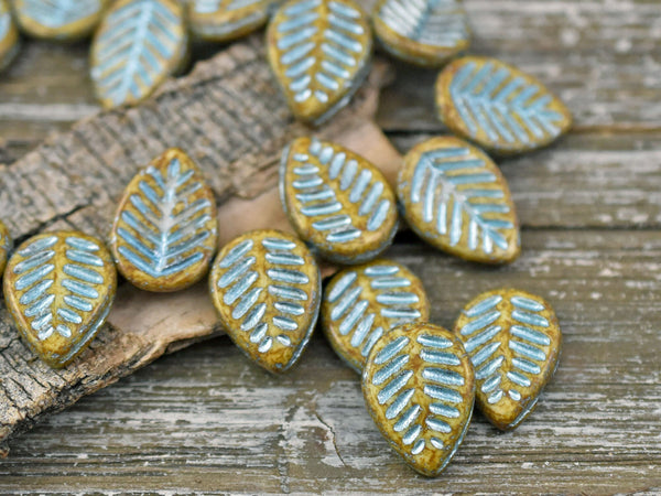 Picasso Beads - Leaf Beads - Czech Glass Beads - Top Drilled Leaf - Dogwood Leaf - Top Hole - Etched Beads - 16x12mm - 6pcs - (338)