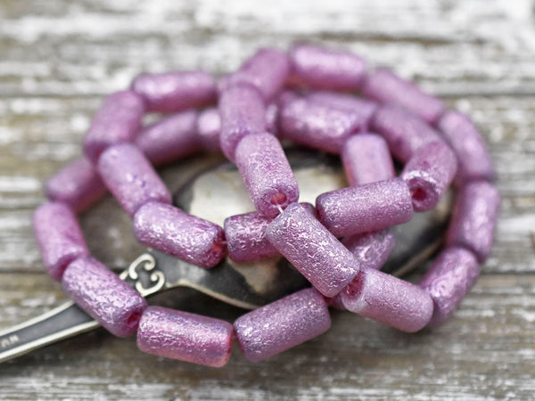 Etched Beads - Tube Beads - Czech Glass Beads - Pink Beads - Large Hole Beads - Picasso Beads - 14x7mm - 10pcs (B227)