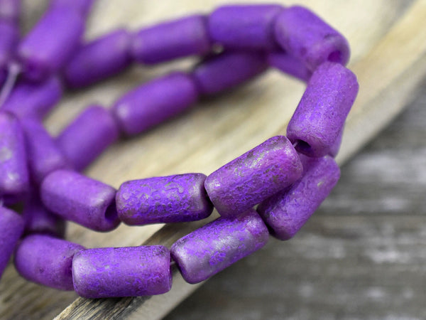 Etched Beads - Tube Beads - Czech Glass Beads - Purple Beads - Large Hole Beads - Picasso Beads - 14x7mm- 10pcs (4324)