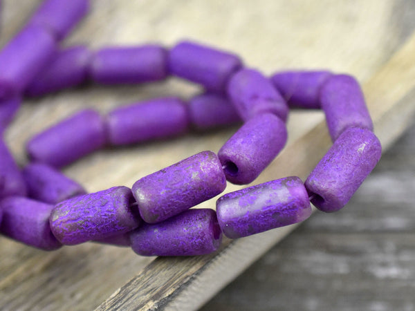 Etched Beads - Tube Beads - Czech Glass Beads - Purple Beads - Large Hole Beads - Picasso Beads - 14x7mm- 10pcs (4324)