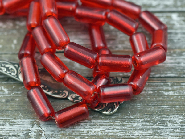 Large Hole Beads - Czech Glass Beads - Tube Beads - Red Beads - Cylinder Beads - Picasso Beads - 14x7mm- 10pcs (4759)