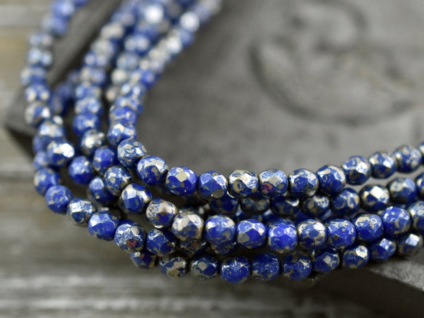 Czech Glass Beads - Picasso Beads - 4mm Beads - Fire Polished Beads - Blue Fire Polish - Blue Beads - Round Beads - 50pcs - 4mm - (1357)