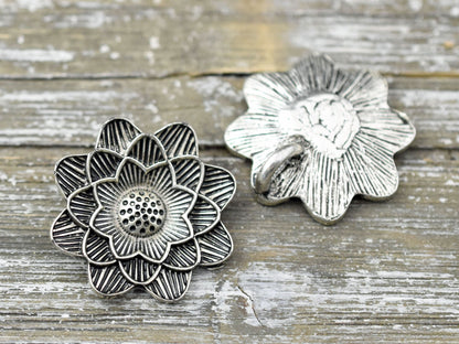 30mm Antique Silver Lotus Flower Pendant