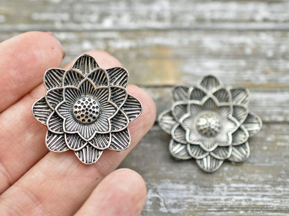 30mm Antique Silver Lotus Flower Pendant
