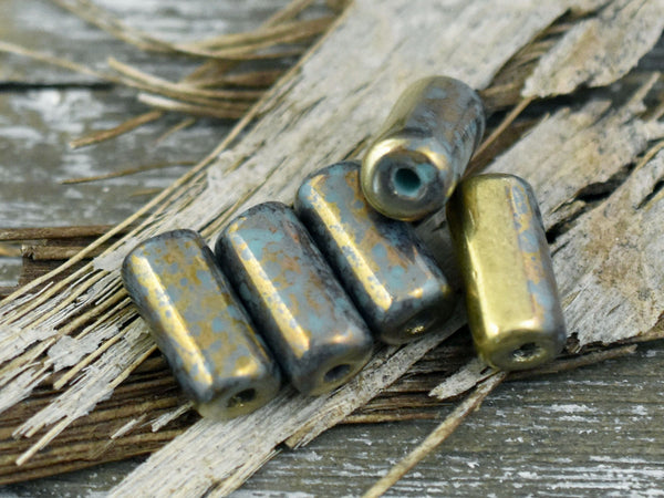 Picasso Beads - Tube Beads - Czech Glass Beads - Cylinder Beads - Large Hole Beads - 14x7mm - 10pcs (4634)