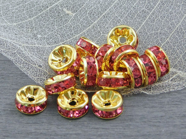 Gold w/Light Rose Rhinestone Rondelle Spacer Beads