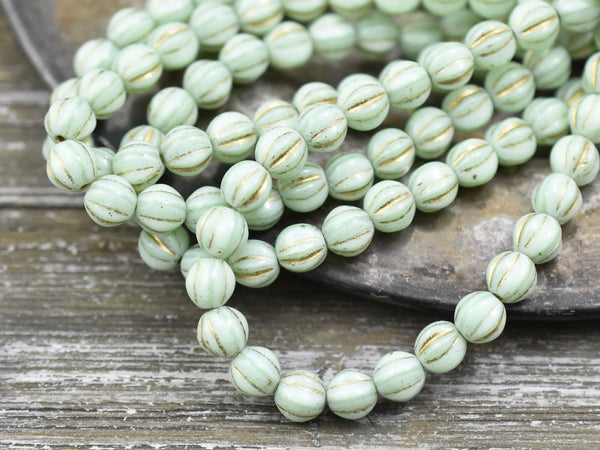 Czech Glass Beads - Melon Beads - 6mm Beads - Round Beads - Mint Green - 25pcs - (2590)