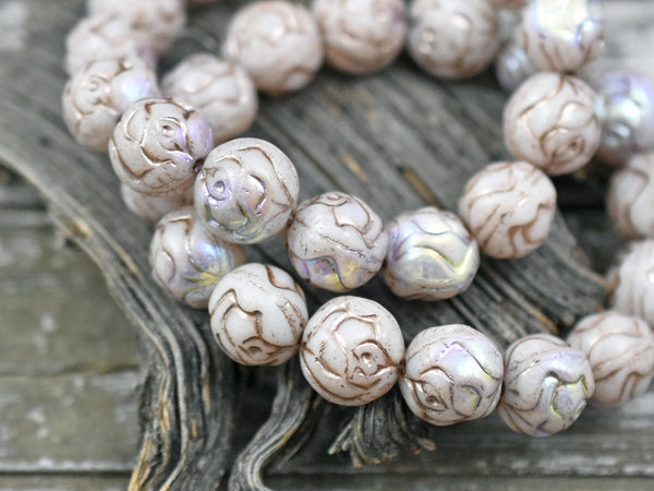 Czech Glass Beads - Flower Beads - Round Beads - Rose Beads - Etched Beads - New Czech Beads - 10mm - 15pcs - (4451)