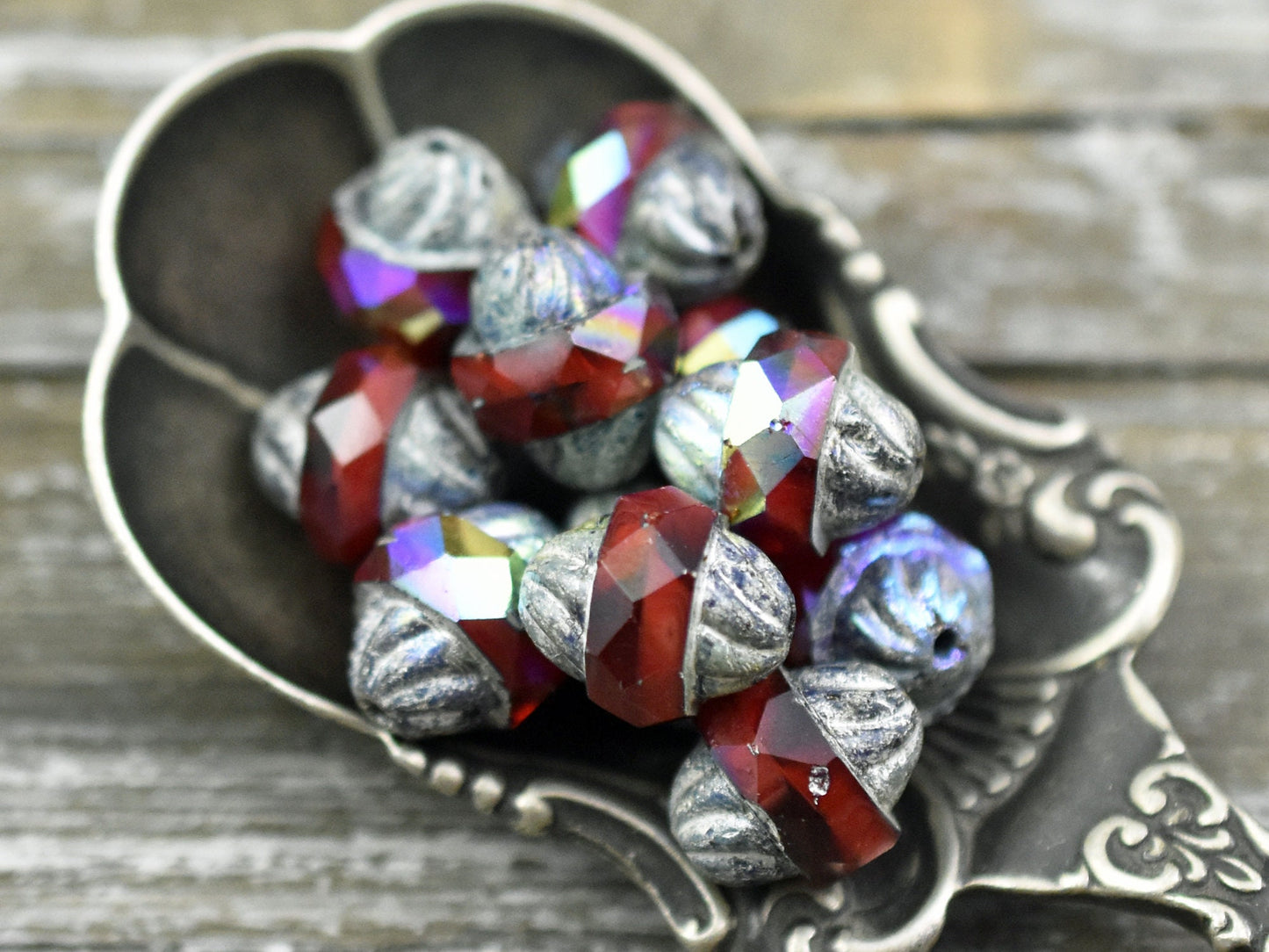 Czech Glass Beads - Cathedral Beads - Turbine Beads - Red Beads - Fire Polish Beads - 11x10mm - 6pcs (5595)