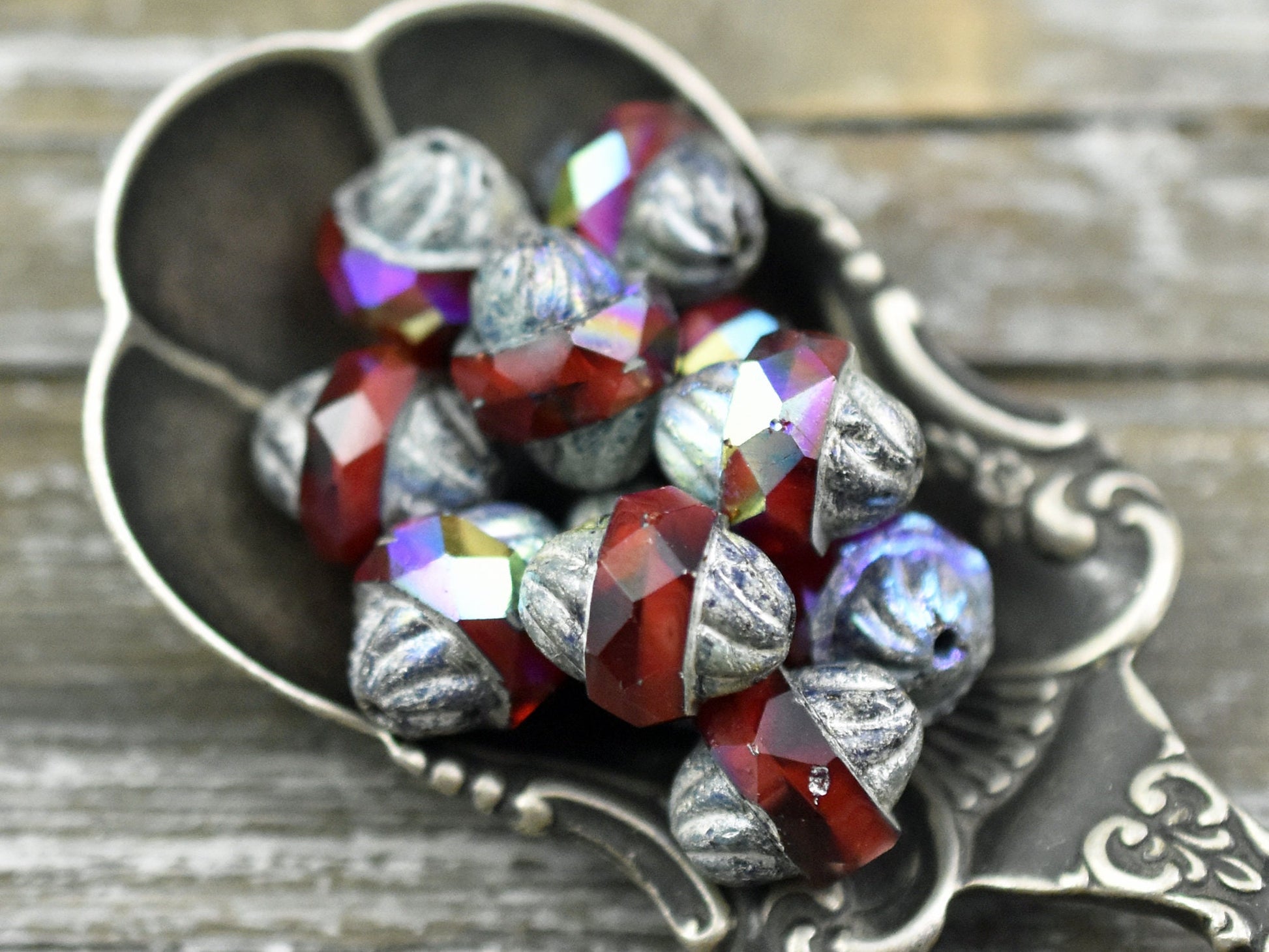 Czech Glass Beads - Cathedral Beads - Turbine Beads - Red Beads - Fire Polish Beads - 11x10mm - 6pcs (5595)