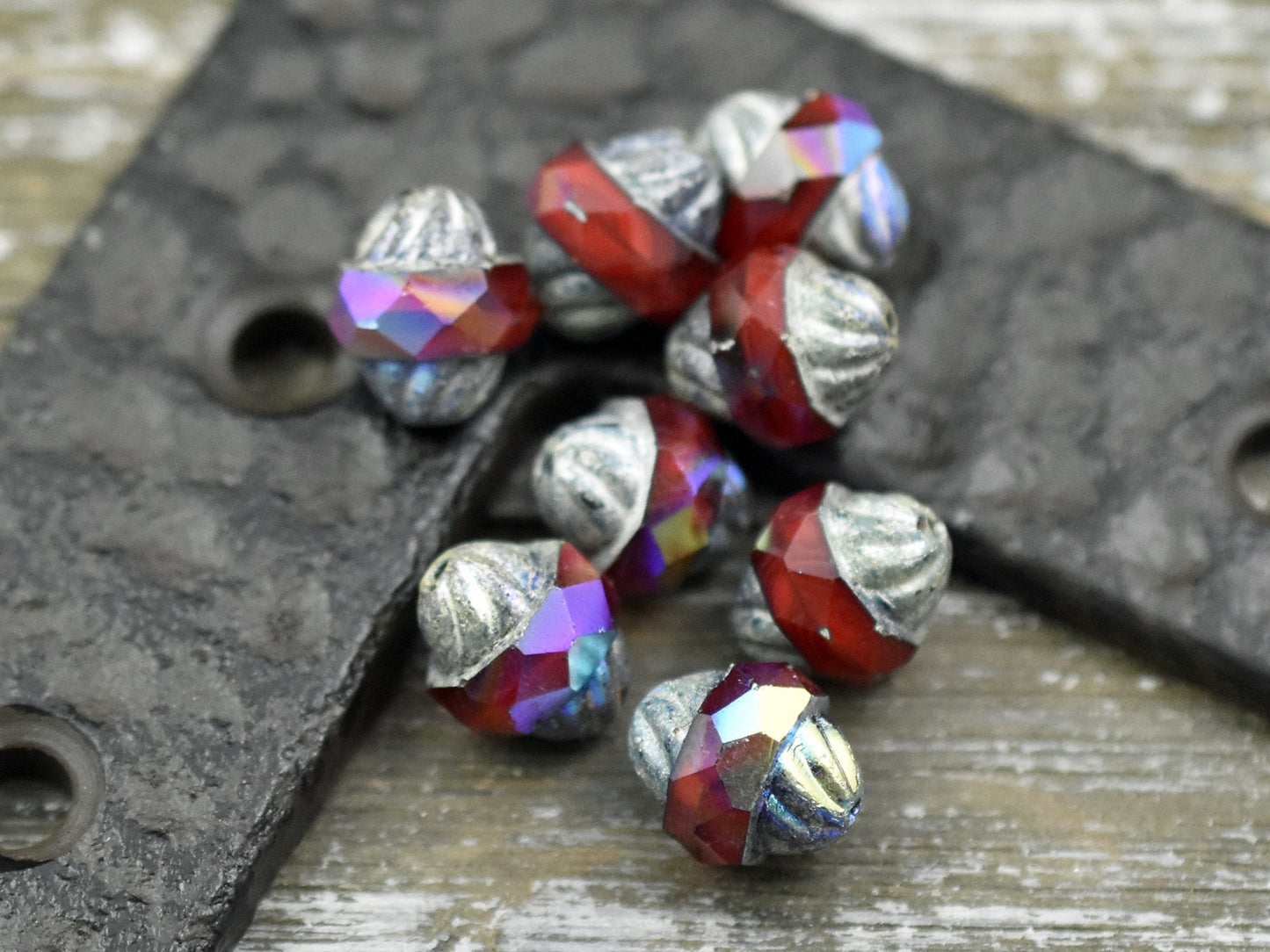 Czech Glass Beads - Cathedral Beads - Turbine Beads - Red Beads - Fire Polish Beads - 11x10mm - 6pcs (5595)