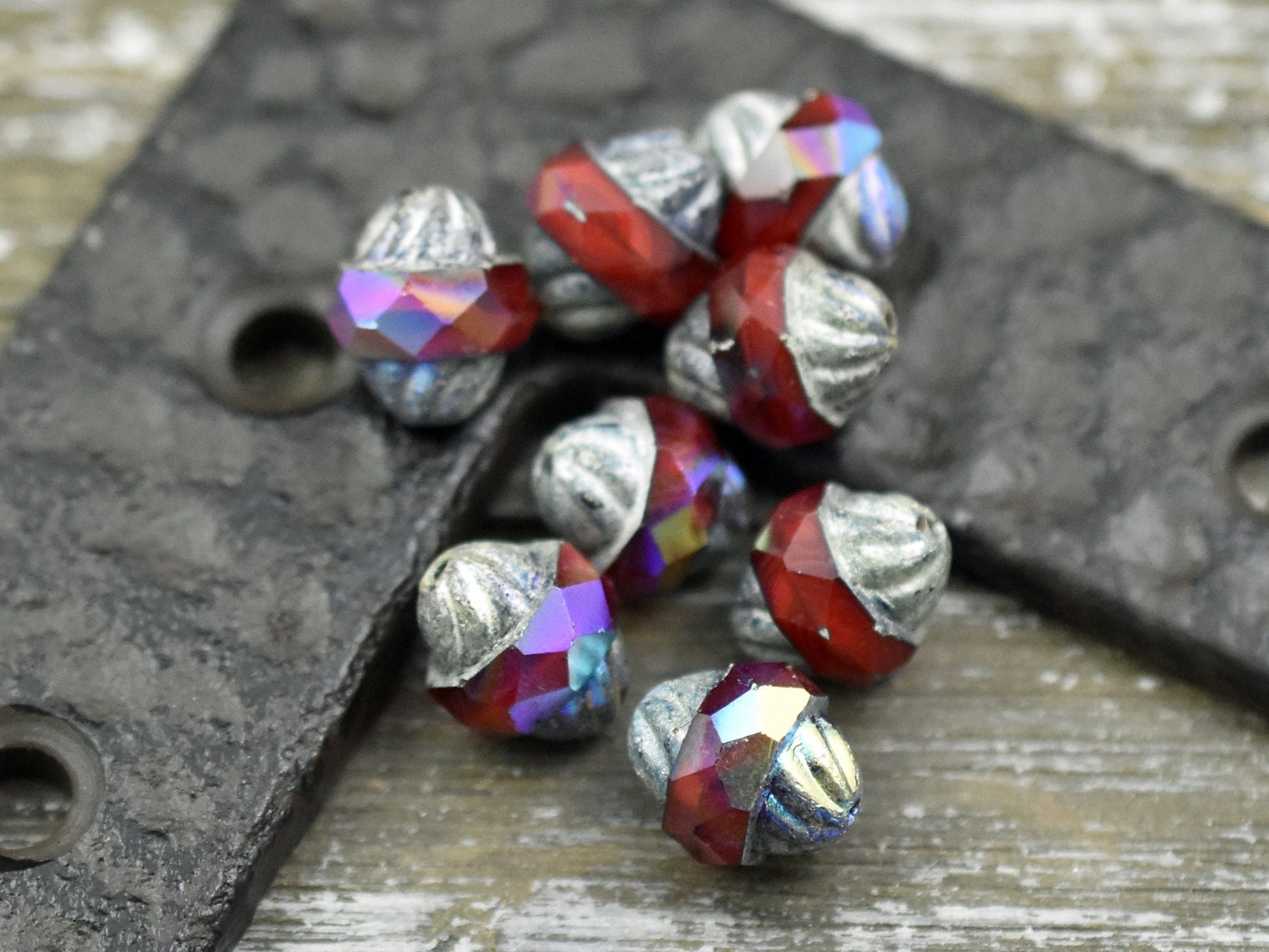 Czech Glass Beads - Cathedral Beads - Turbine Beads - Red Beads - Fire Polish Beads - 11x10mm - 6pcs (5595)