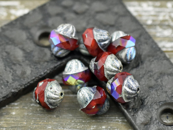 Czech Glass Beads - Cathedral Beads - Turbine Beads - Red Beads - Fire Polish Beads - 11x10mm - 6pcs (5595)