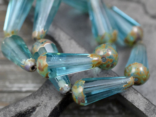 Czech Glass Beads - Drop Beads - Teardrop Beads - Picasso Beads - Aqua Beads - Faceted Beads - 8x20mm - 2pcs - (3287)