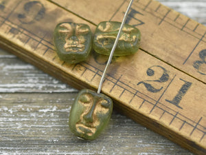 Moai Beads - Czech Glass Beads - Tribal Mask Beads - Picasso Beads - Patina Beads - 6pcs - 13x11mm - (3896)