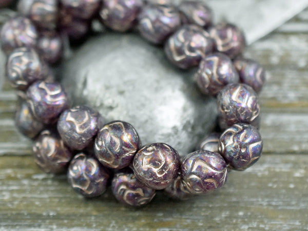 Czech Glass Beads - Flower Beads - Round Beads - Rose Beads - Purple Beads - New Czech Beads - 10mm - 15pcs - (B32)