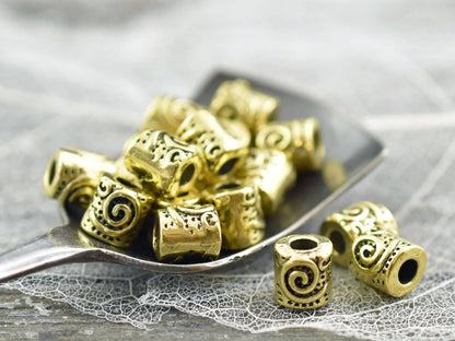 *50* 7x6mm Antique Gold Spiral Design Barrel Beads